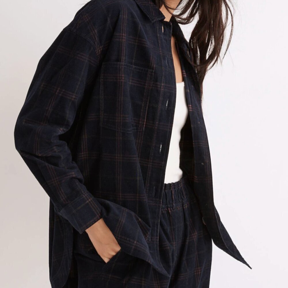 Madewell Women's Size Medium Blue Plaid Corduroy Kentwood Oversized Shirt Jacket